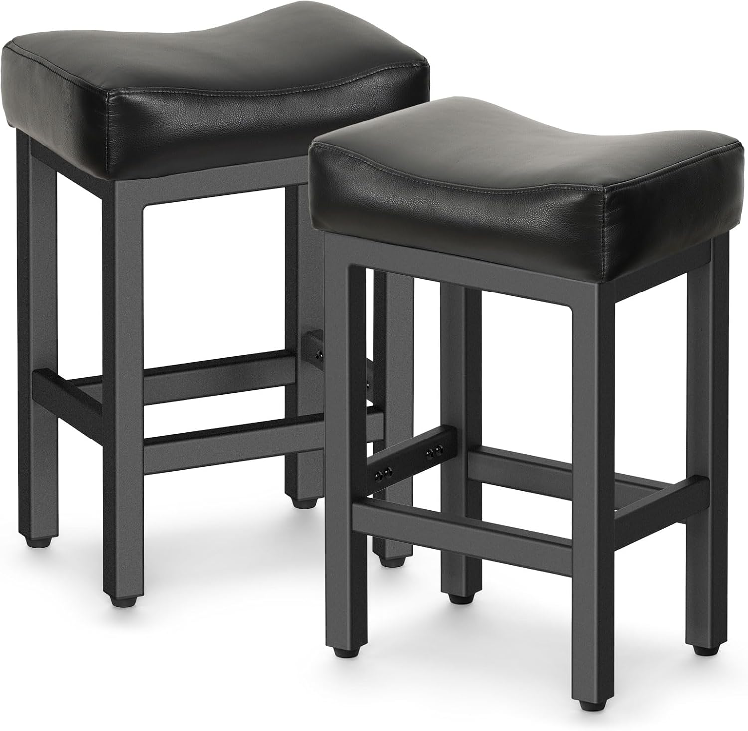 Raynesys Counter Height Bar Stools Set of 2, 24 Inch Barstools for Kitchen Island Counter, Bonded Leather Kitchen Stools with Thick Saddle Seats & Heavy Duty Metal Base, Easy Assembly, All Black