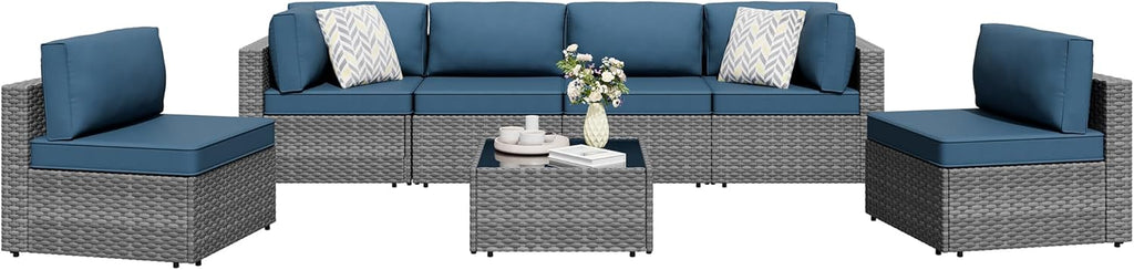 Shintenchi 7 Pieces Outdoor Patio Furniture Sets, Patio Sectional Sofa Couch, Gray PE Wicker Furniture Modular Patio Conversation Sets Patio Sofa with Washable Cushions, Aegean Blue