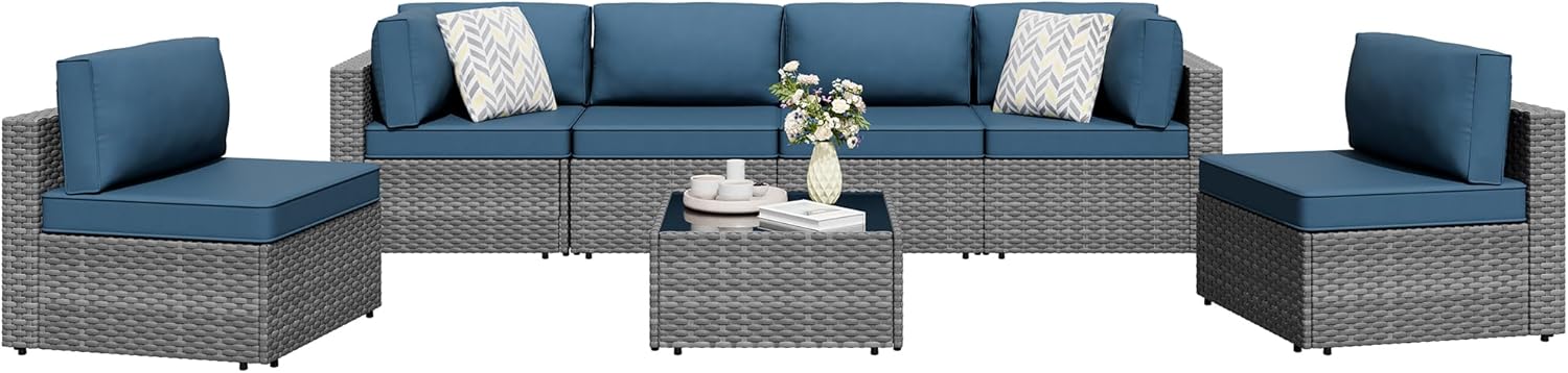 Shintenchi 7 Pieces Outdoor Patio Furniture Sets, Patio Sectional Sofa Couch, Gray PE Wicker Furniture Modular Patio Conversation Sets Patio Sofa with Washable Cushions, Aegean Blue