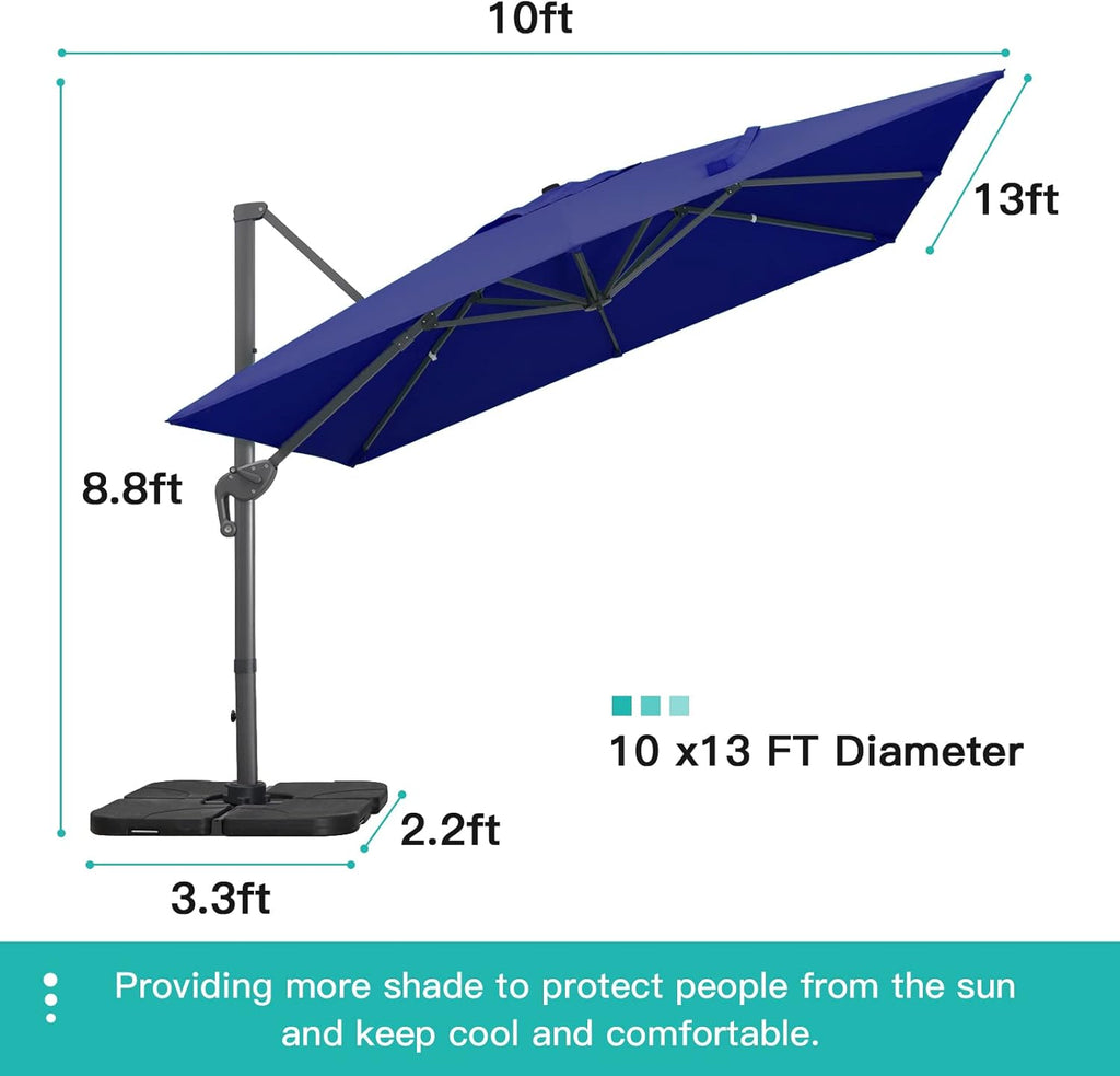Sunnyglade 10x13Ft Cantilever Patio Umbrella Rectangular Deluxe Offset Umbrella 360°Rotation & Integrated Tilting System Patio Hanging Umbrella for Market Garden Deck Pool Backyard Patio(Navy)