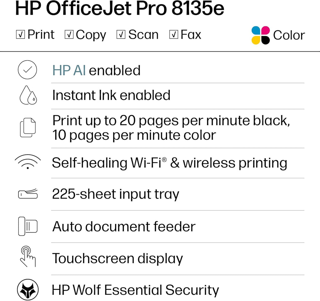 HP OfficeJet Pro 8135e Wireless All-in-One Color Inkjet Printer, Print, scan, Copy, fax, ADF, Duplex Printing Best-for-Home Office, 3 Month Instant Ink Trial Included, AI-Enabled (40Q35A)