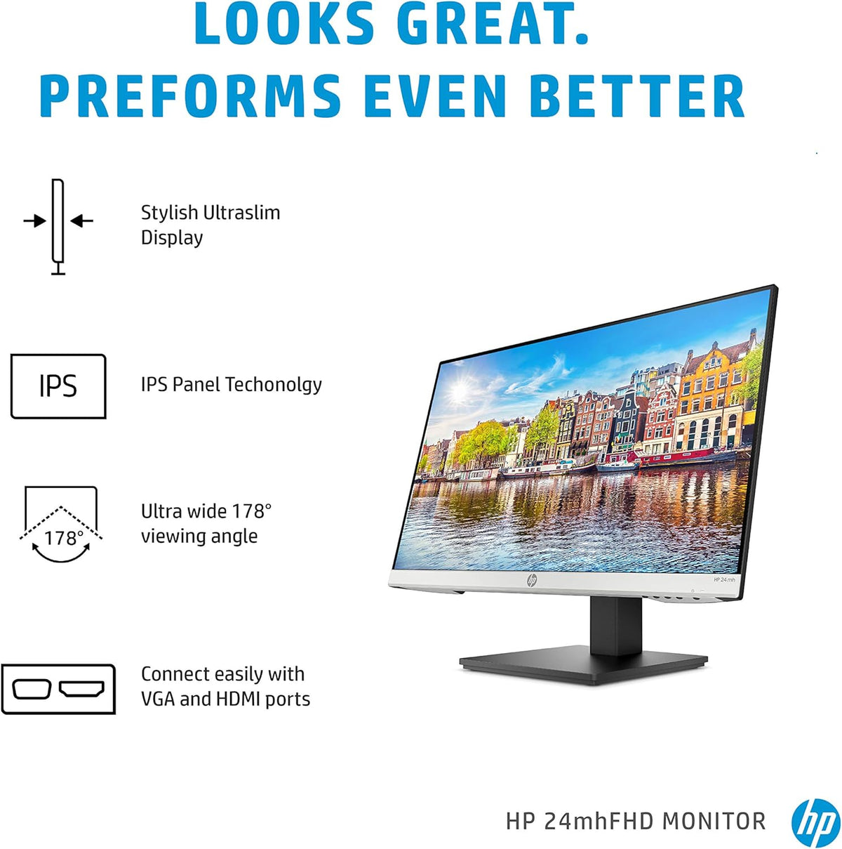 HP 24mh FHD Monitor - Computer Monitor with 23.8-Inch IPS Display (1080p) - Built-in Speakers and VESA Mounting - Height/Tilt Adjustment for Ergonomic Viewing - HDMI and DisplayPort - (1D0J9AA#ABA)