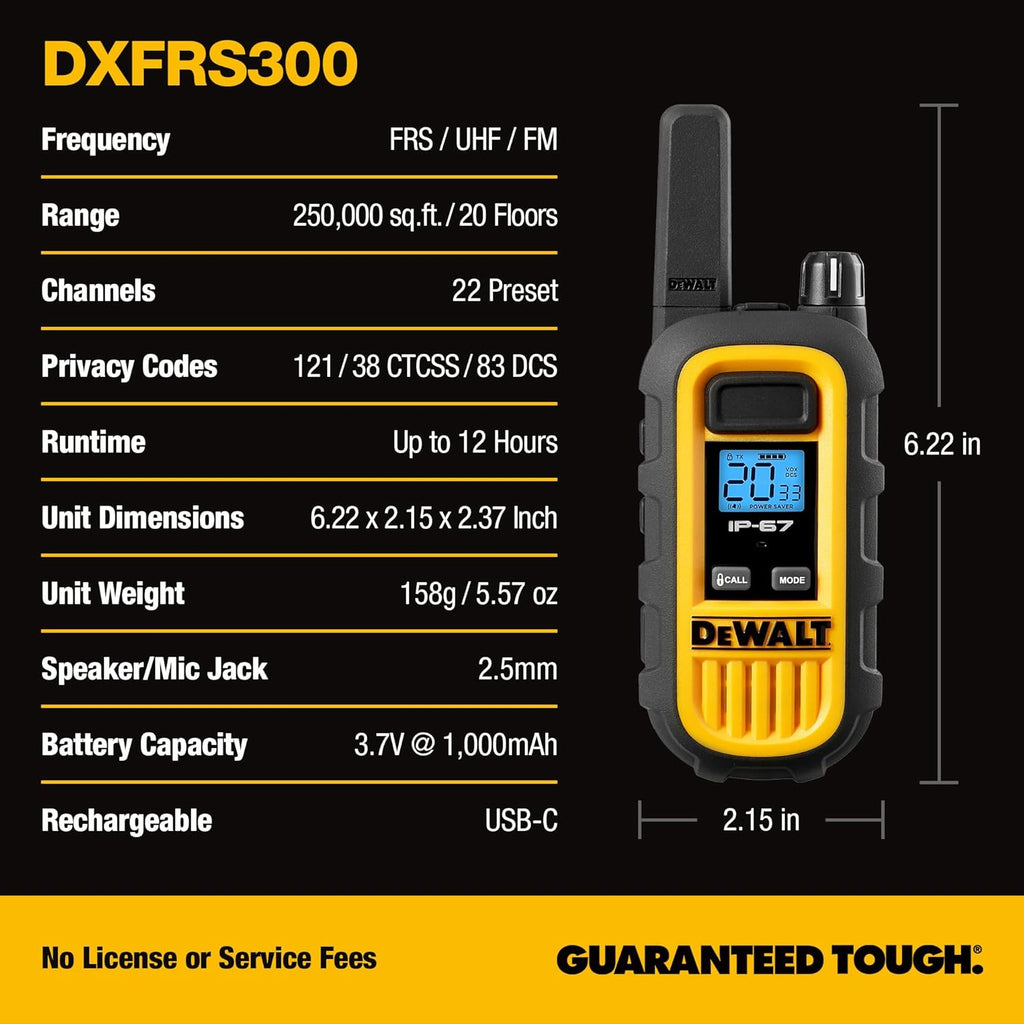 DEWALT DXFRS300 FRS Walkie Talkies, Long Range 2 Way Radio, 1W, IP67 Waterproof, 6 Pack with Gang Charger, DXFRS300-BCH6