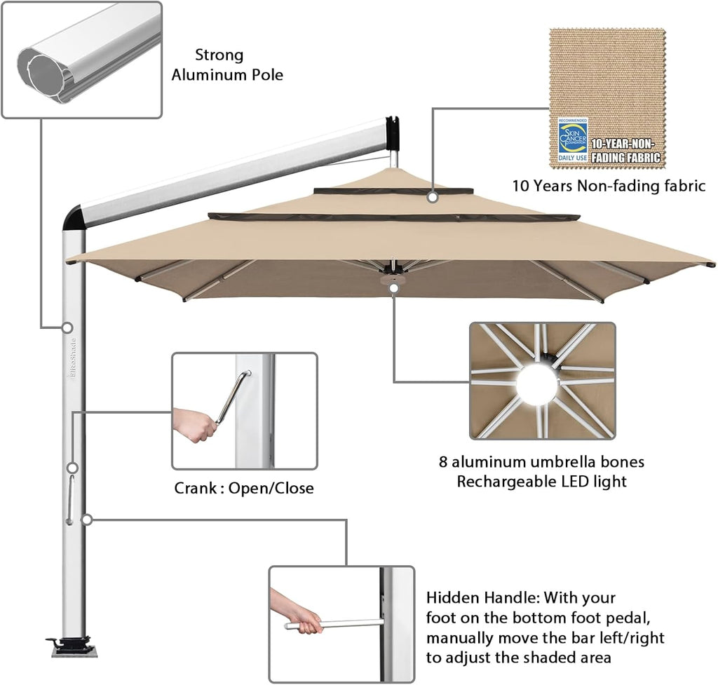 EliteShade USA Atlas 3-Tier 10x10FT Full Aluminum Cantilever Patio Umbrella for Outdoor restaurant Garden Courtyard Deck Pool and Marketing with Light,Heather Beige