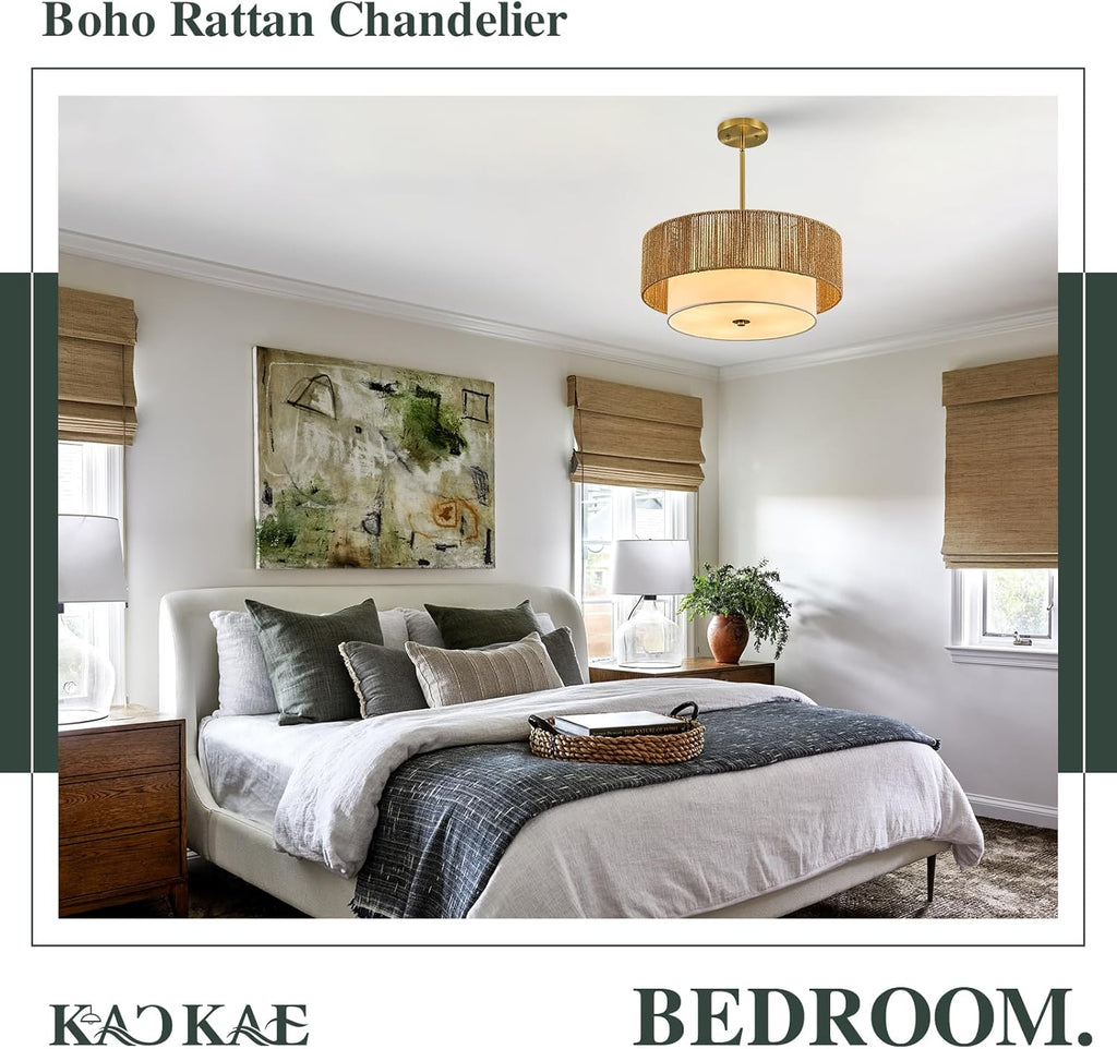 Boho Rattan Chandelier 18'' Gold Hand Woven Chandeliers with Fabric Shade 4-Light Drum Pendant Light Fixture for Dining Room Bedroom Kitchen Hallway Foyer
