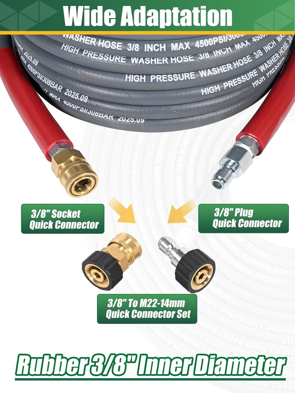 3/8″ Pressure Washer Hose 100 FT — 4500 PSI Steel-Braided Non-Marking Rubber | For Hot & Cold Water, Quick-Connect With M22 Fittings, Industrial-Grade Replacement for Gas Pressure Washers