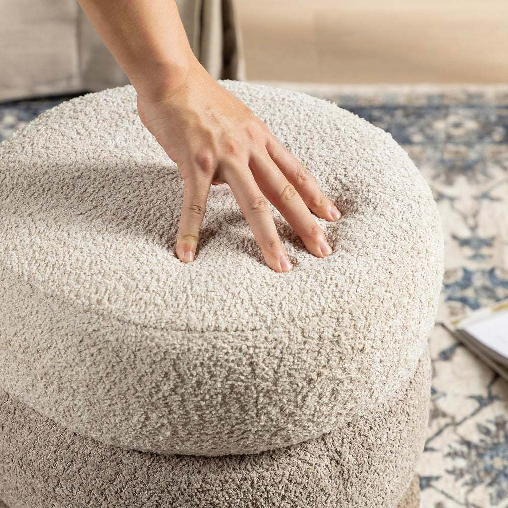 Glitzhome Round Ottoman with Storage, Small Foot Stool, Modern Accent Stool Upholstered Vanity Stool with Rubberwood Ball Feet for Bedroom Living Room Dorm Room, Gradient Brown