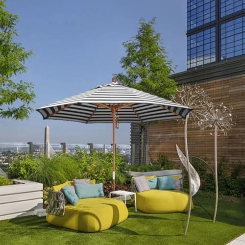 210/270Cm Outdoor Parasol Umbrella,Wood Garden Umbrella,Beach Umbrella Height-Adjustable,Patio Umbrella with 8 Ribs,Uv Protection,Market Table Umbrella with Ventilation,Black+White-9Ft/2.7M