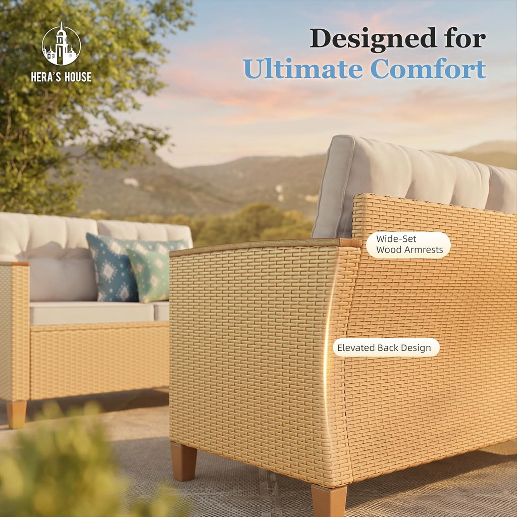 HERA'S HOUSE Patio Furniture Set, 8 Piece Wicker Outdoor Patio Conversation Set, Outside L-Shaped Sectional Sofa Couch with 1 Height Adjustable Table, Chaise Lounge and 2 Ottomans for Yard and Lawn