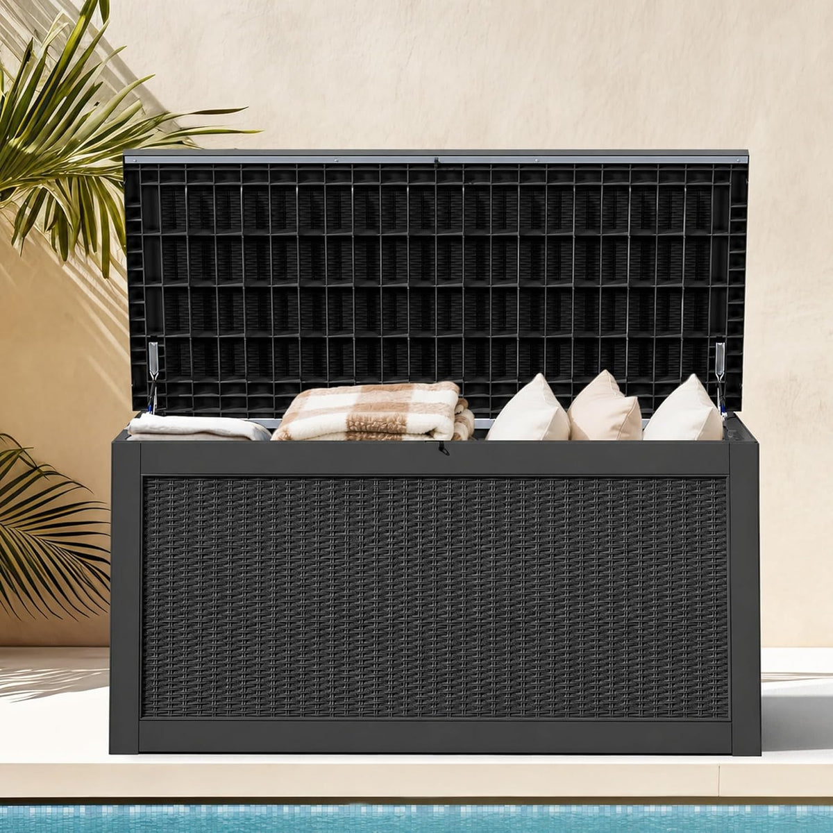 DWVO 320 Gallon Resin Outdoor Storage Box, XXL Large Waterproof Deck Box, Doubles as Table or Seating with 1000 lbs Capacity, Lockable (Black)
