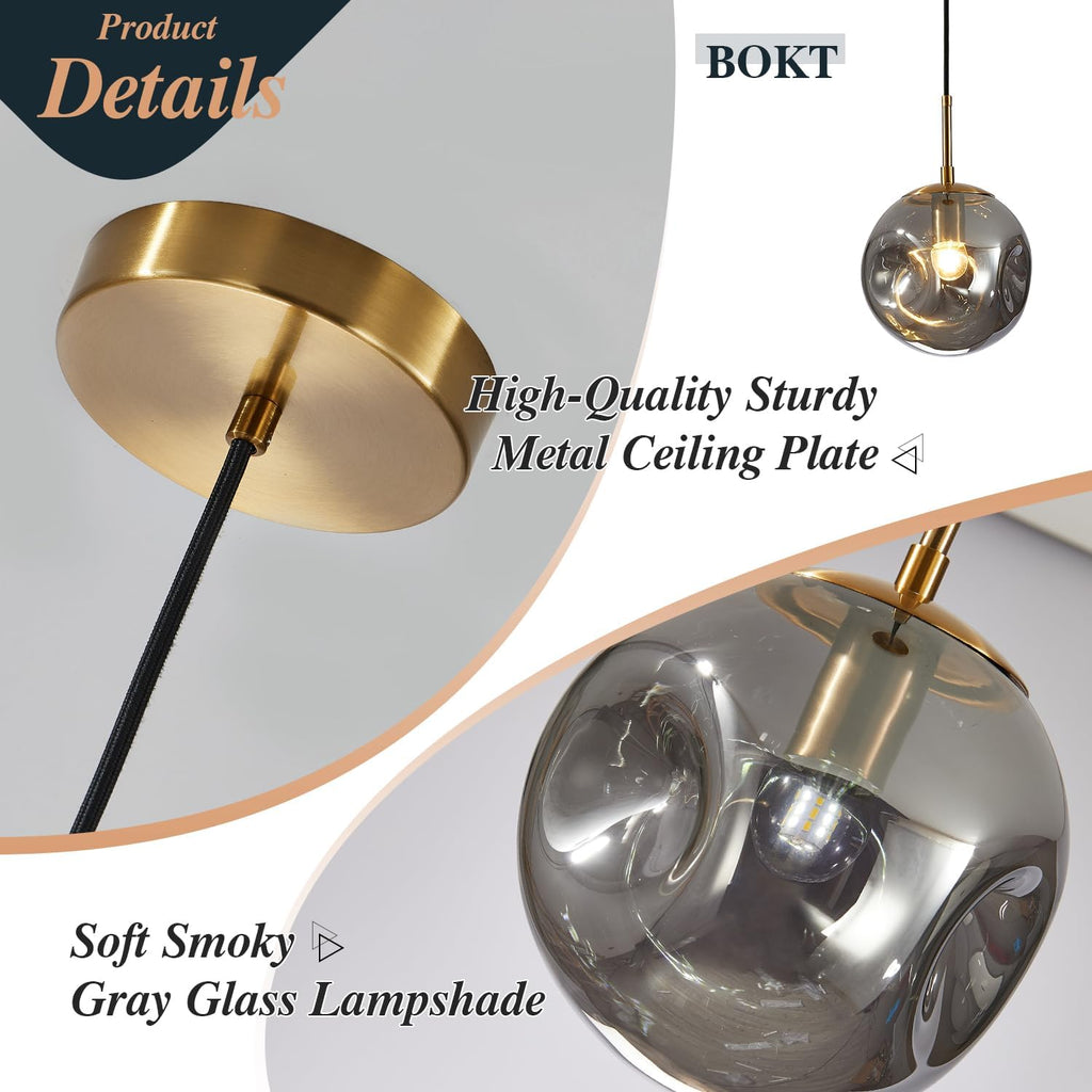 BOKT Globe Pendant Light Set of 3 Light Brushed Brass Round Ceiling Pendant Light with Smokey Gray Irregular Hanging Light 3 Pack Retro Chandelier Light Fixtures for Kitchen Island Dining Room