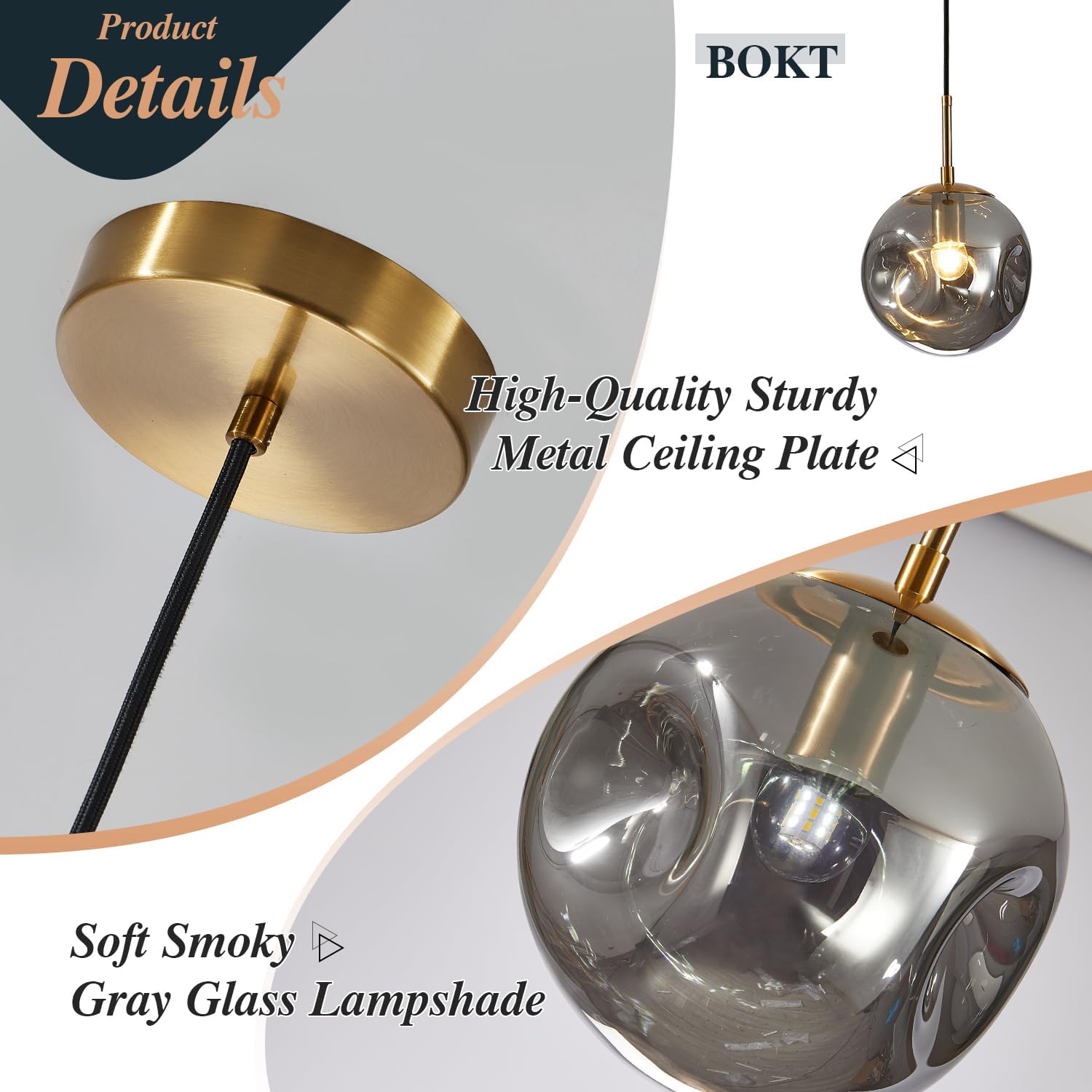 BOKT Globe Pendant Light Set of 3 Light Brushed Brass Round Ceiling Pendant Light with Smokey Gray Irregular Hanging Light 3 Pack Retro Chandelier Light Fixtures for Kitchen Island Dining Room