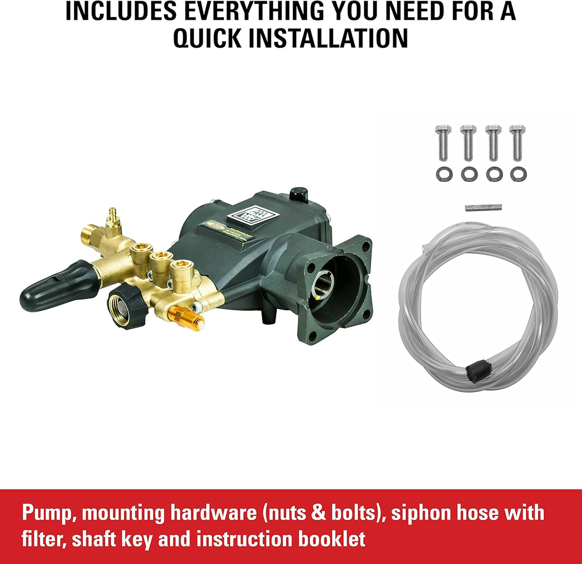 AAA 90036 Horizontal Triplex Plunger Replacement Pressure Washer Pump Kit, 3200 PSI, 2.8 GPM, 3/4" Shaft, Includes Hardware and Siphon Tube, for Industrial Gas Powered Machines, Black