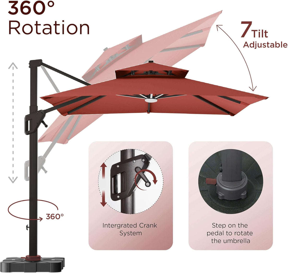 10' X 13' Patio Umbrella with LED Lights Outdoor Cantilever Large Rectangle Offset Umbrellas Heavy Duty Aluminum Double Top with 360-degree Rotation for Pool Garden Deck, Red
