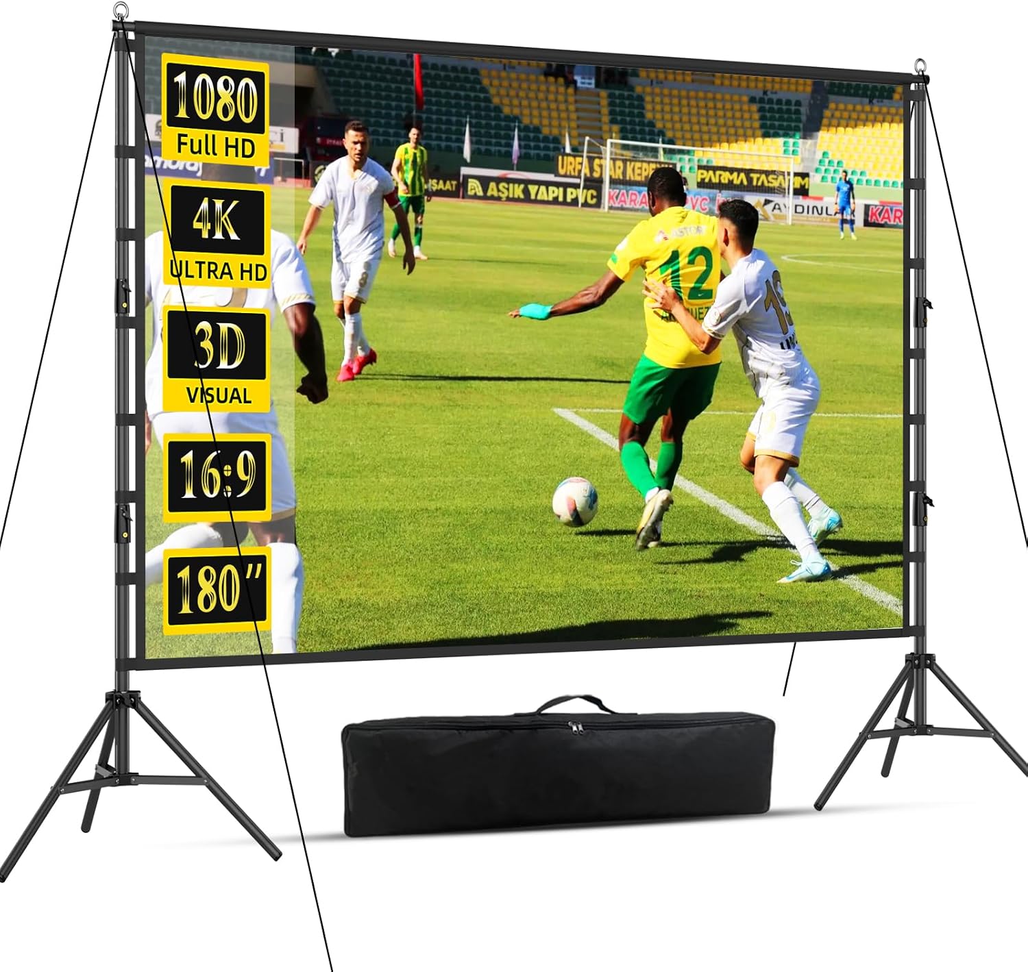 Portable Projector Screen with Stand, 180 inch Outdoor Indoor Movie Screen 16:9 4K Rear Front Projection Screen, Quick Setup Foldable Travel Home Theater Screen with Carry Bag for Backyard Camping