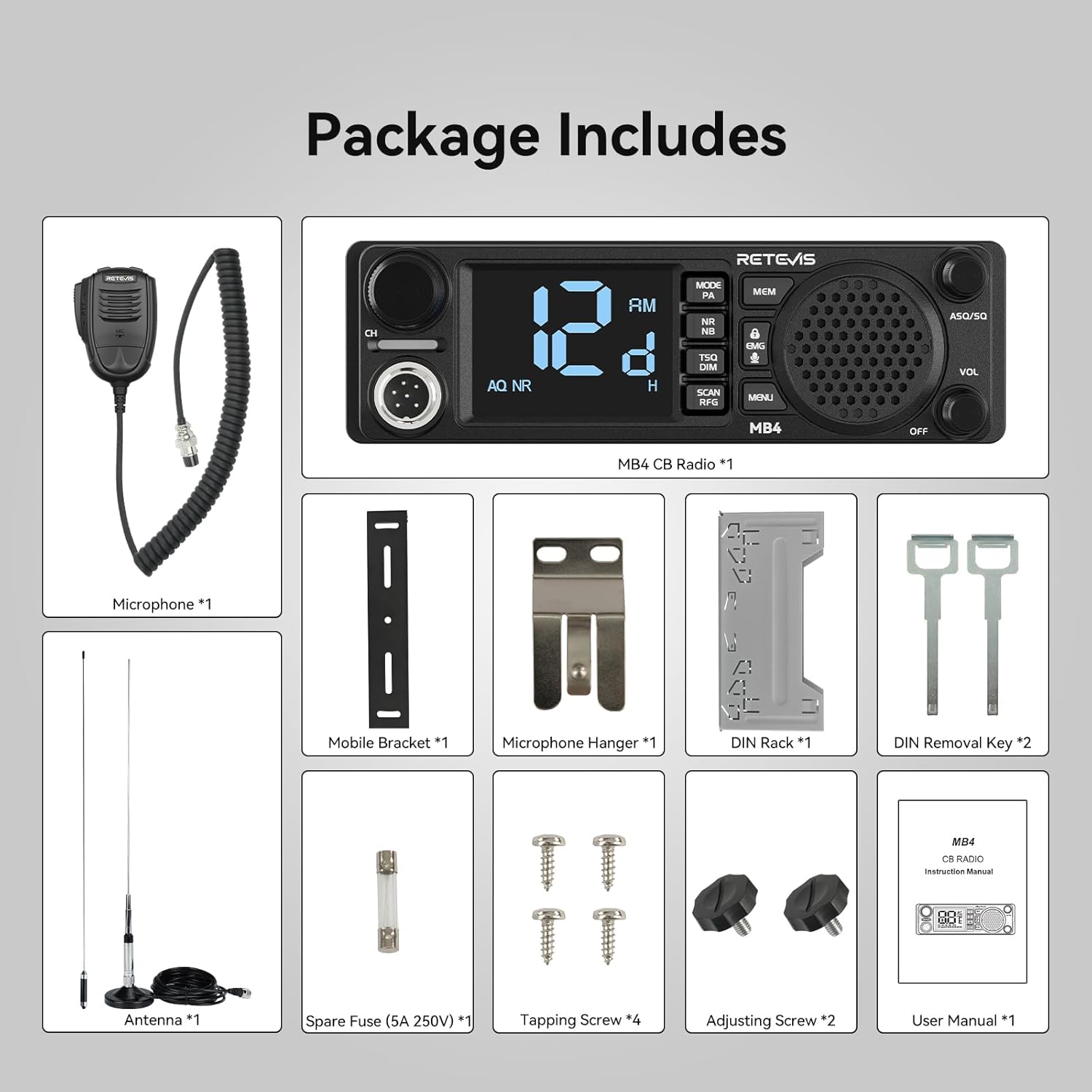 Retevis MB4 DIN Mount CB Radio Kit, NRC Noise Canceling Mobile Radio, Front Facing Speaker, PA, Cigarette Lighter, 40-Channel AM/FM, Long Range CB Radio with Antenna for Trucker Off Road Emergency
