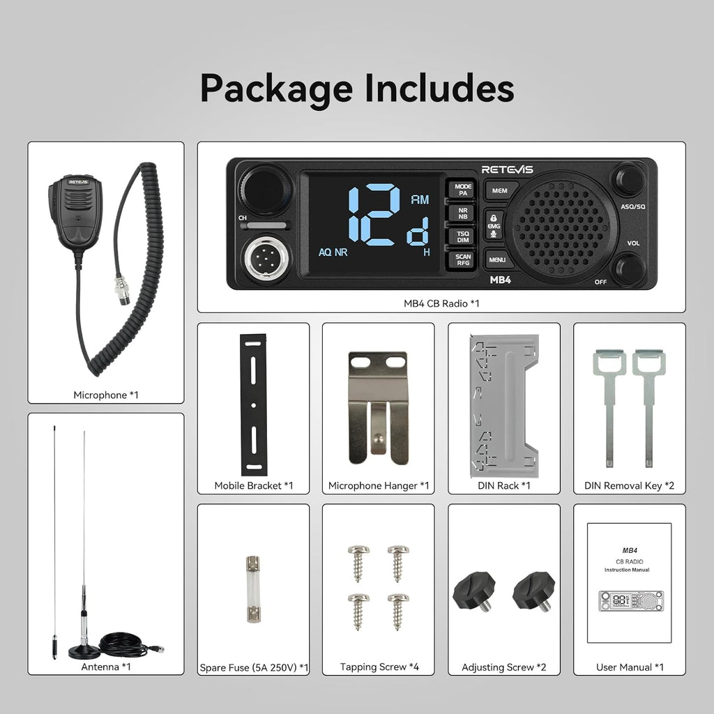 Retevis MB4 DIN Mount CB Radio Kit, NRC Noise Canceling Mobile Radio, Front Facing Speaker, PA, Cigarette Lighter, 40-Channel AM/FM, Long Range CB Radio with Antenna for Trucker Off Road Emergency