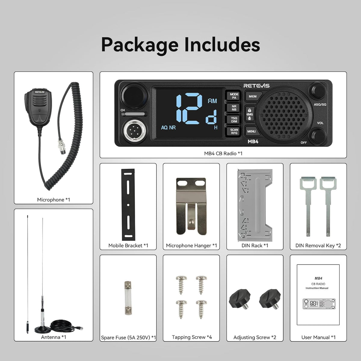 Retevis MB4 DIN Mount CB Radio Kit, NRC Noise Canceling Mobile Radio, Front Facing Speaker, PA, Cigarette Lighter, 40-Channel AM/FM, Long Range CB Radio with Antenna for Trucker Off Road Emergency