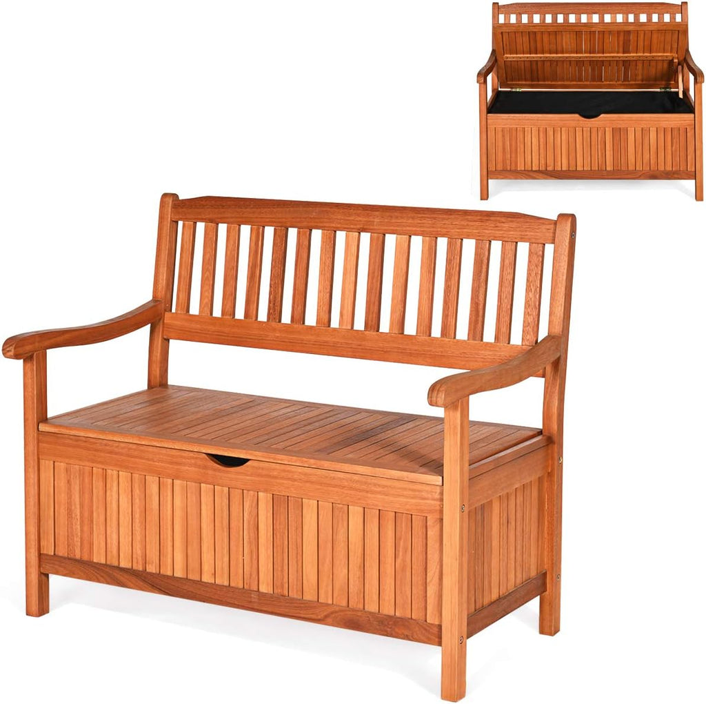 Tangkula Outdoor Wood Storage Bench Deck Box, Entryway Porch Storage Bench with Inner Removable Dust-Proof Lining & Portable Handles, Eucalyptus Wood Loveseat for Garden, Lawn, Balcony & Yard
