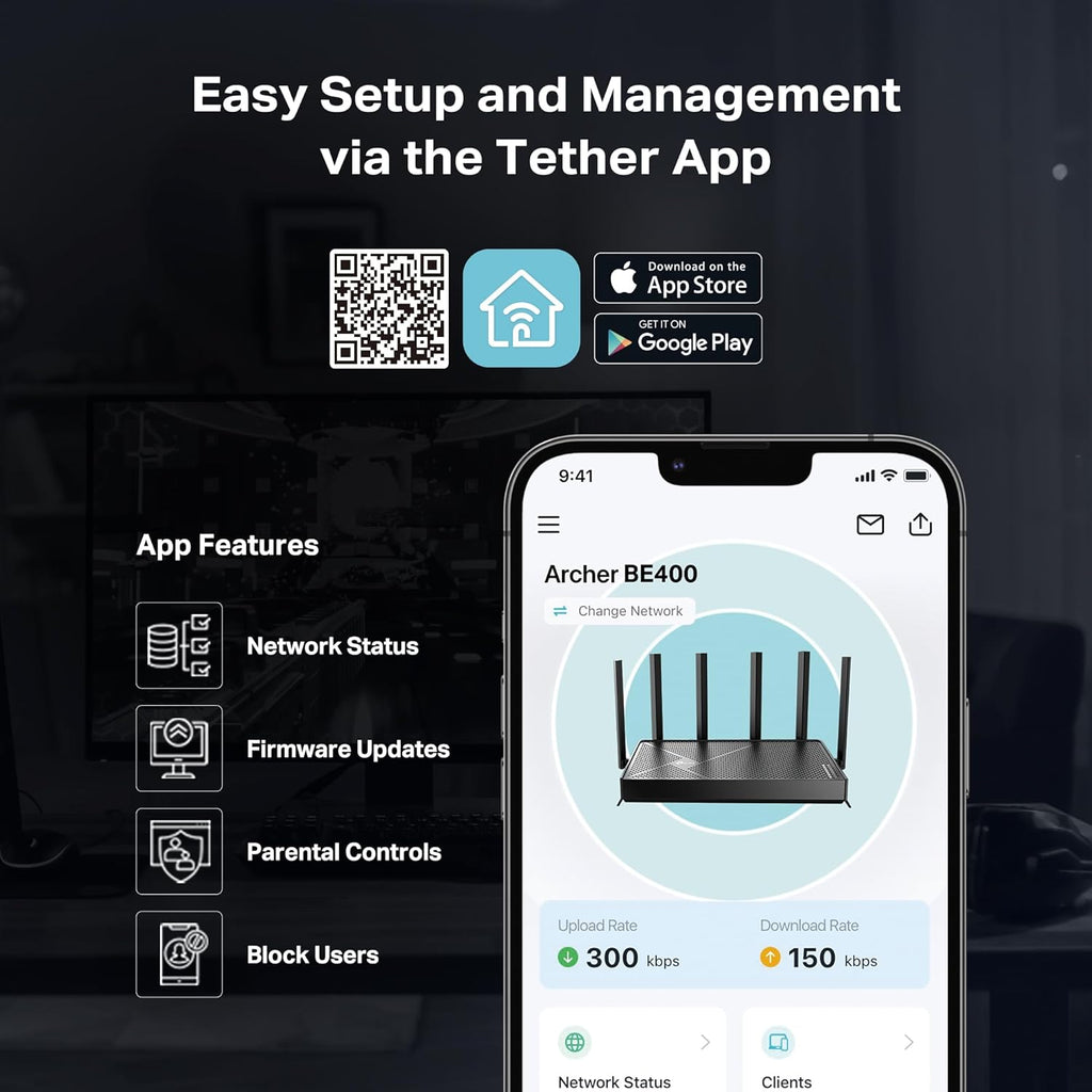 TP-Link BE6500 Dual-Band WiFi 7 Router (BE400) – Dual 2.5Gbps Ports, USB 3.0, Covers up to 2,400 sq. ft., 90 Devices, Quad-Core CPU, HomeShield, Private IoT, Free Expert Support