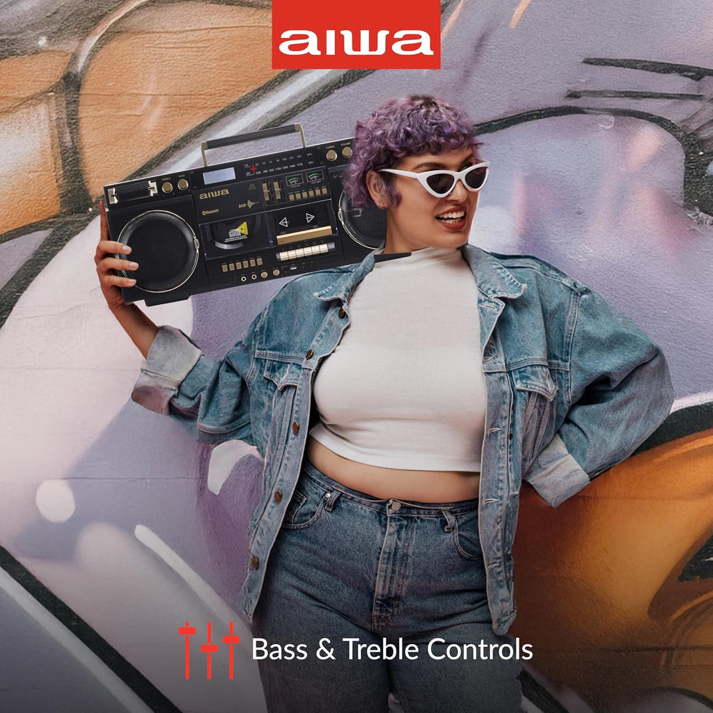 aiwa Retro Boombox CD Player with Cassette Recording, Bluetooth 5.0, FM/AM Radio, USB/SD/AUX Inputs, VU Meters, LCD Display, Dual 40W Speakers - Yellow