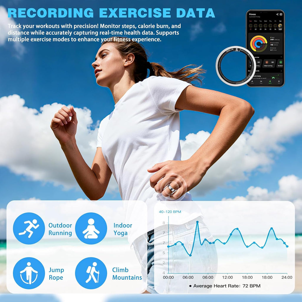 Smart Ring for Women Men, Activity Tracker, SpO2, Heart Rate Monitor, Sleep Monitoring, IP68 Waterproof Fitness Ring for iOS & Android (Silver 13)