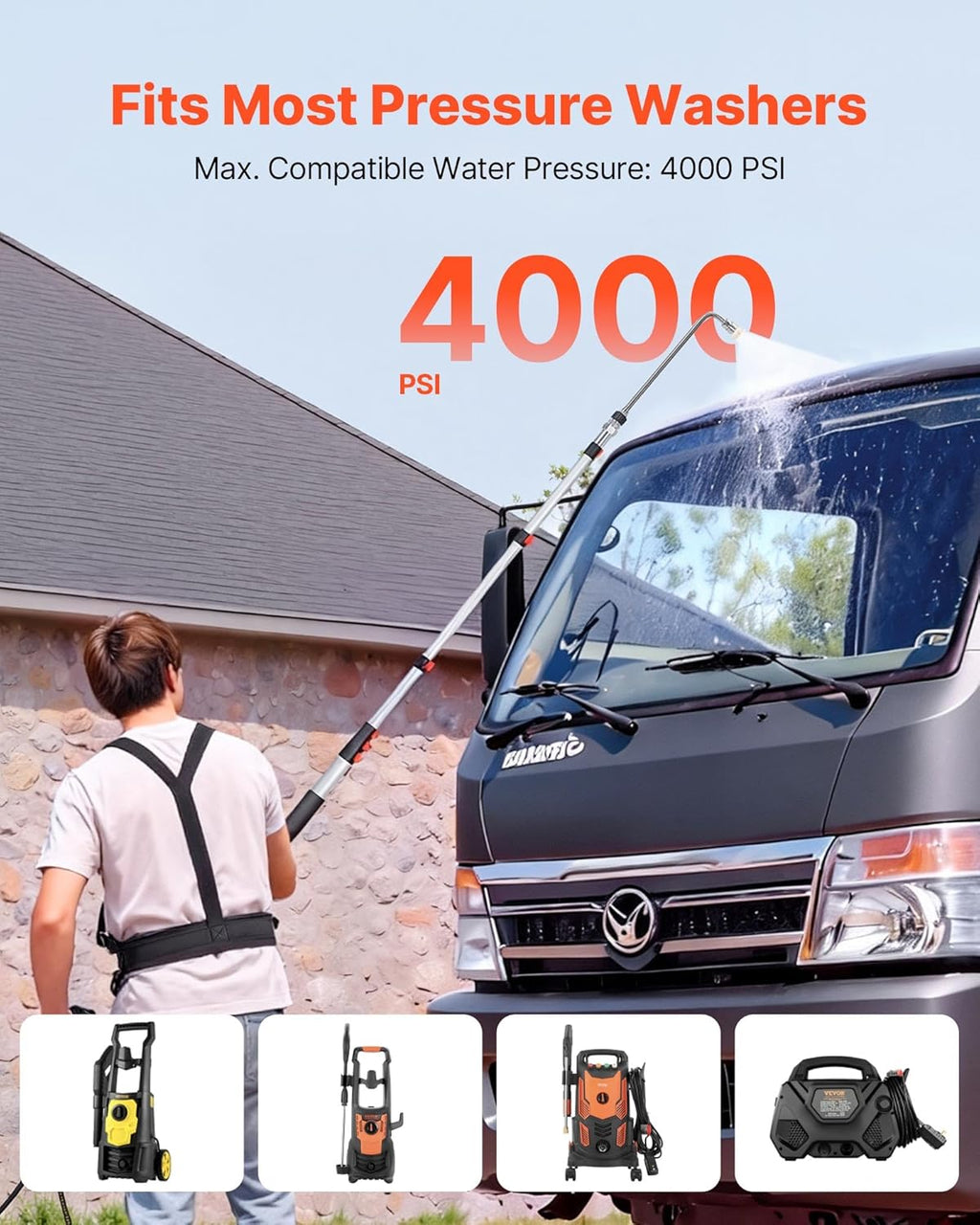 VEVOR 25 FT Pressure Washer Telescoping Wand, with Power Washer Extension Wands & High Pressure Hose, Brush Head, 7 Nozzles, Hose Adapter, Upgrade Support Belt, Storage Bag, 4000 PSI for High Cleaning