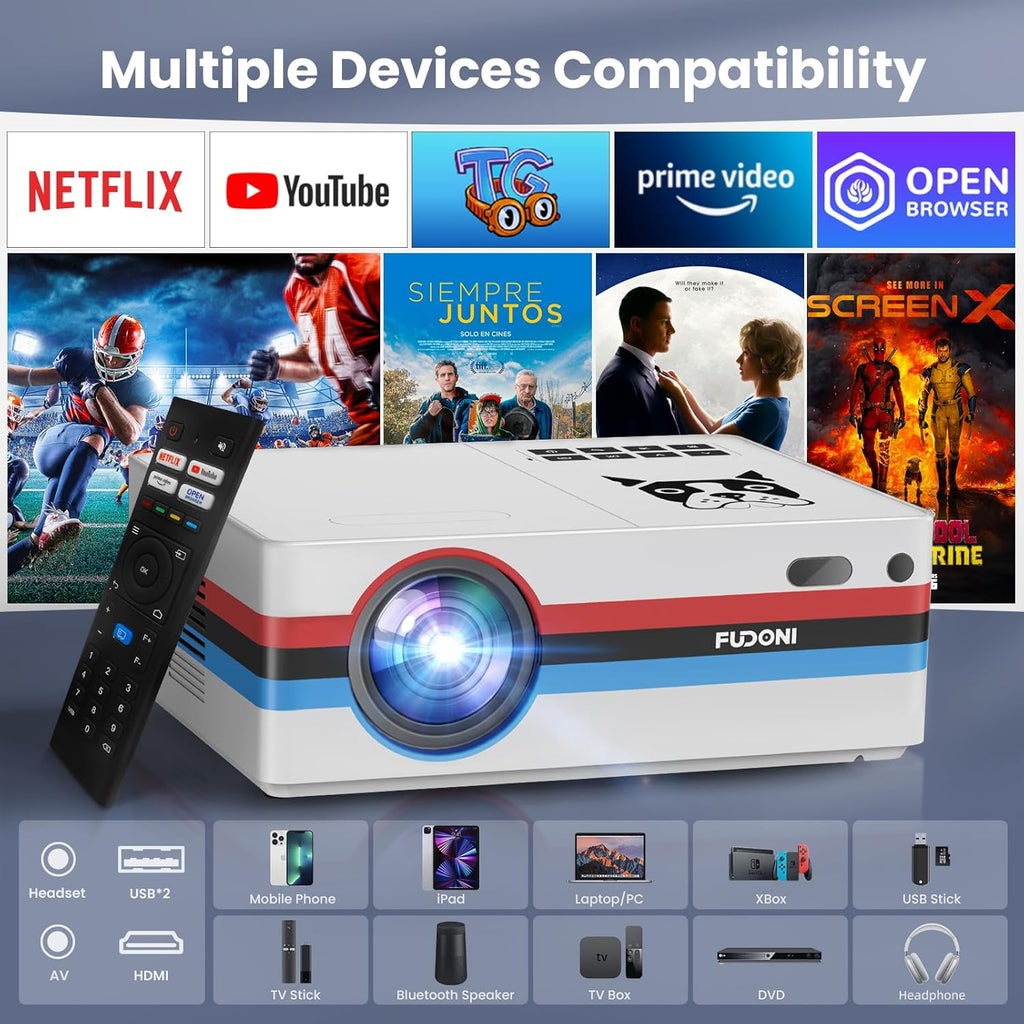 Compatible with Netflix, 2000 ANSI Smart Projector with WiFi 6 and Bluetooth 5.3, Electric Focus Auto Keystone, Native 1080P Outdoor Movie Projector with PrimeVideo/YouTube, for HDMI/USB/iOS/Android
