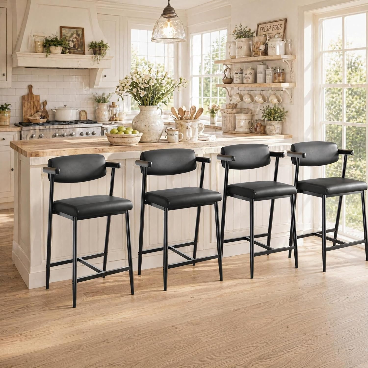 IDEALHOUSE Bar Stools Set of 4 with Armrests, Counter Height Bar Stools Set with Footrest & Soft Back, Metal Barstools Set with Wide Upholstered Seat for Kitchen Islands, Counter Bars, Rustic Black