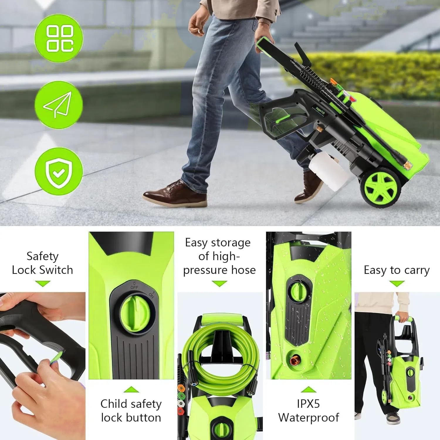 Pressure Cleaner 5000PSI High Power Cleaners with 33ft Pressure Hose, 4 Nozzles and Foam Cannon, for Home, Cars, Fences, Patio (Light Green)
