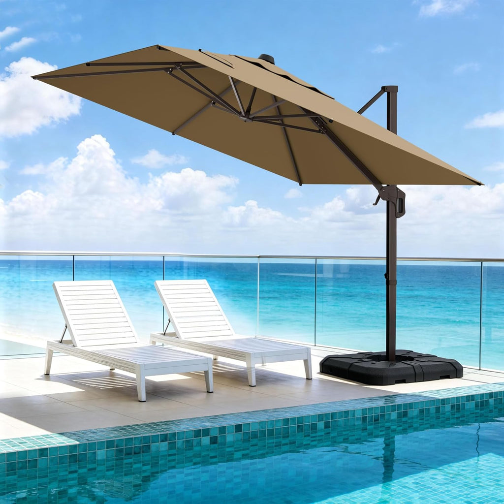 10' X 10' Patio Umbrella Cantilever Outdoor Rectangle Umbrella with Base Included, Heavy Duty 360°Rotation Offset Umbrella for Garden Deck Pool Patio, Brown