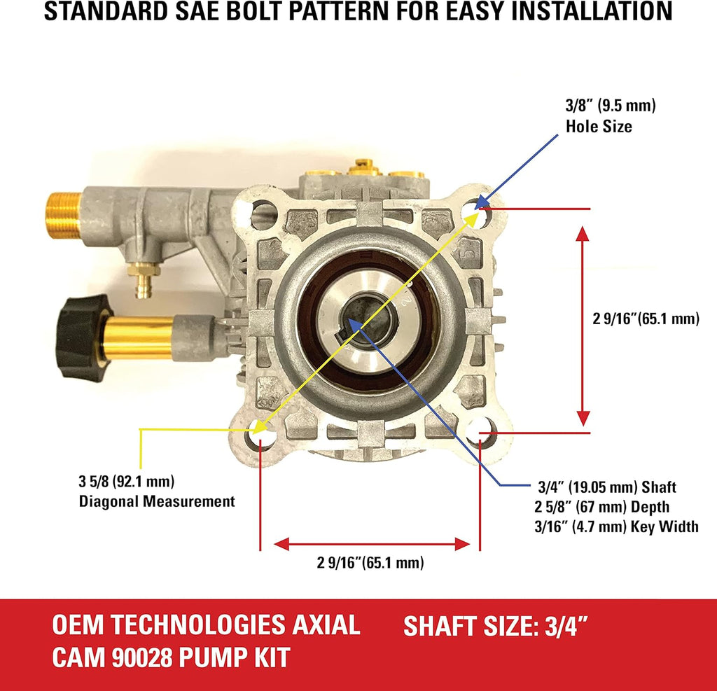 OEM Technologies 3300 PSI 2.4 GPM Replacement Pressure Washer Pump Kit, Horizontal Axial Cam Replacement Pump for Gas Pressure Washer, 3/4" Shaft, Includes Hardware and Siphon Tube (90028)