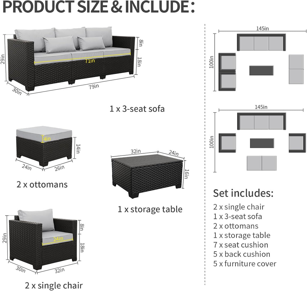Rattaner Patio Wicker Furniture Set 6 Pieces Outdoor HDPE Wicker Conversation Couch Sectional Chair Sofa Set with Grey Cushions