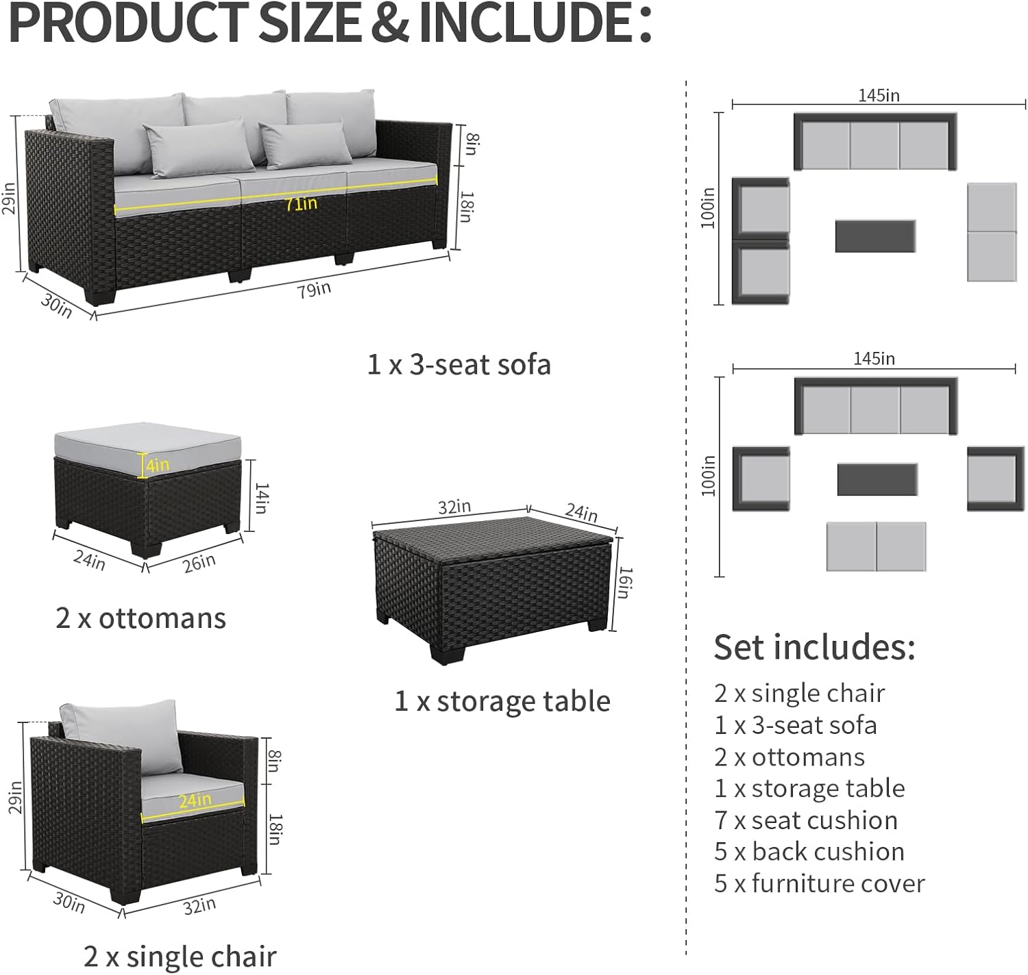 Rattaner Patio Wicker Furniture Set 6 Pieces Outdoor HDPE Wicker Conversation Couch Sectional Chair Sofa Set with Grey Cushions