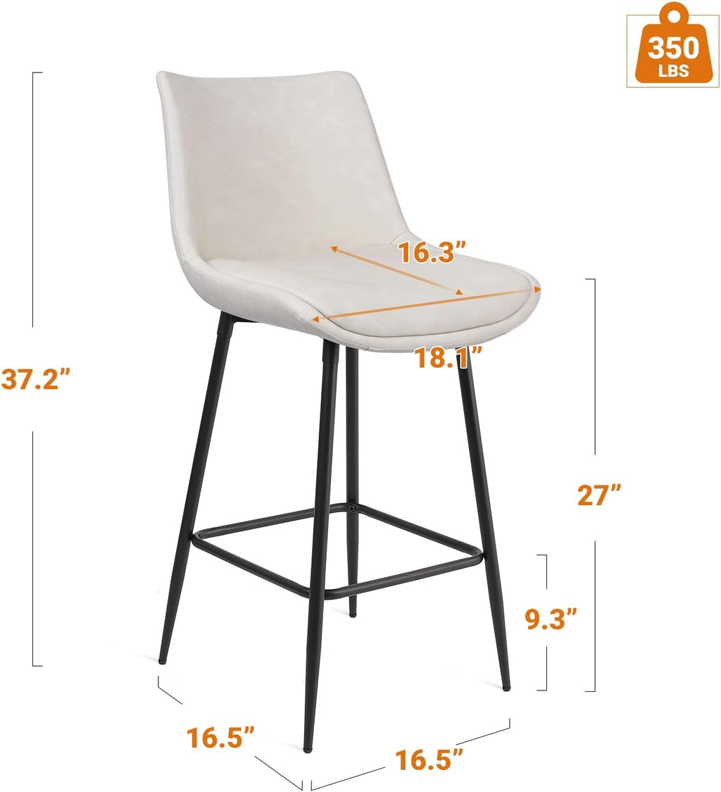 Counter Height Bar Stools Set of 3, FSC Certified Upholstered Faux Leather Barstools with Back, Metal Base, 27" Seat Height, Modern Upholstered Counter Stools for Kitchen Island,(Beige