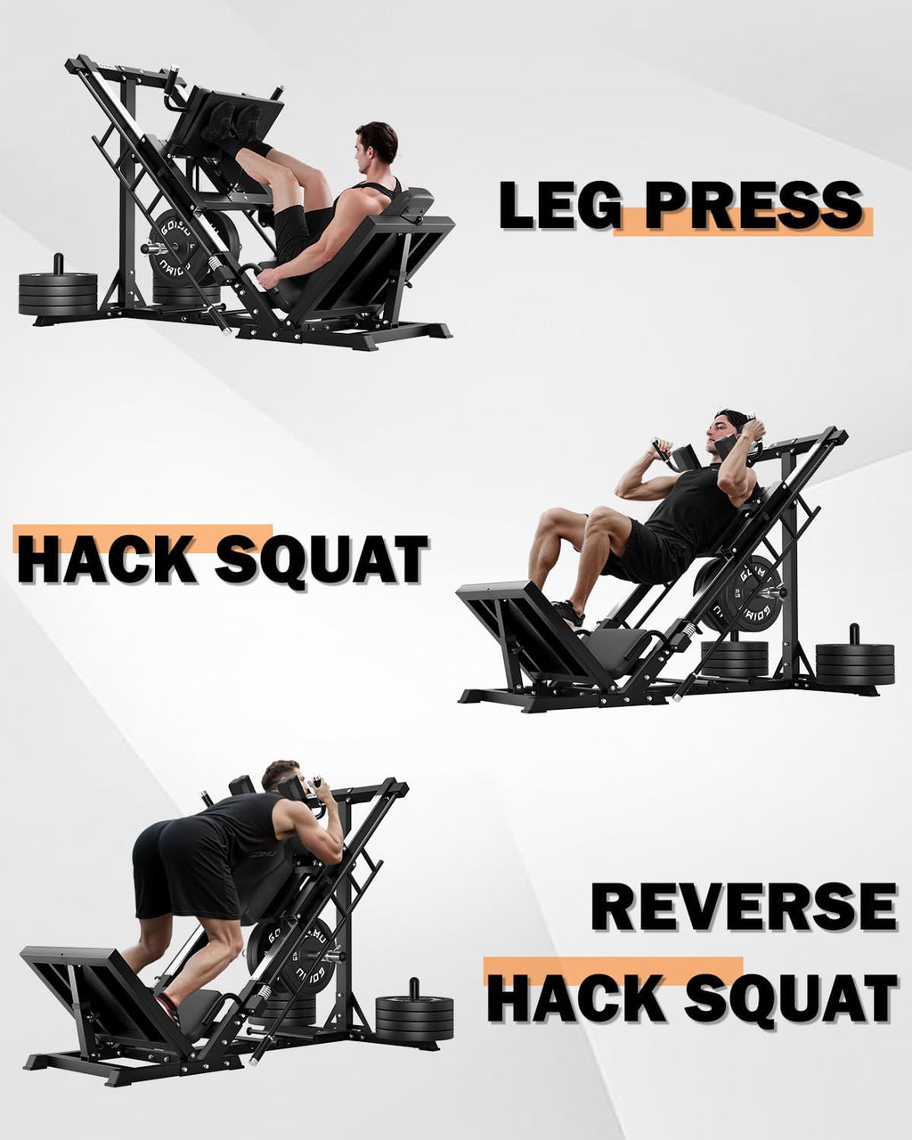Leg Press Hack Squat Machine with Back Support Cushion, 3 in 1 Adjustable Leg Press Machine with Quad Track Roller System, Hack Squat Machine