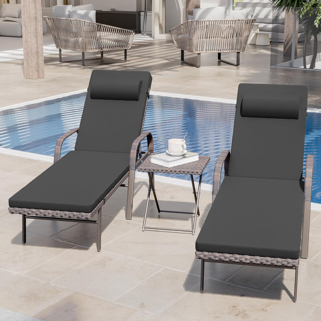 3 Pieces Patio Chaise Lounge Set Outdoor PE Rattan Armrest Lounge Chair Adjustable Backrest Reclining Chair with Folding Table and Cushion for Patio Poolside Backyard Porch Beach(Black)