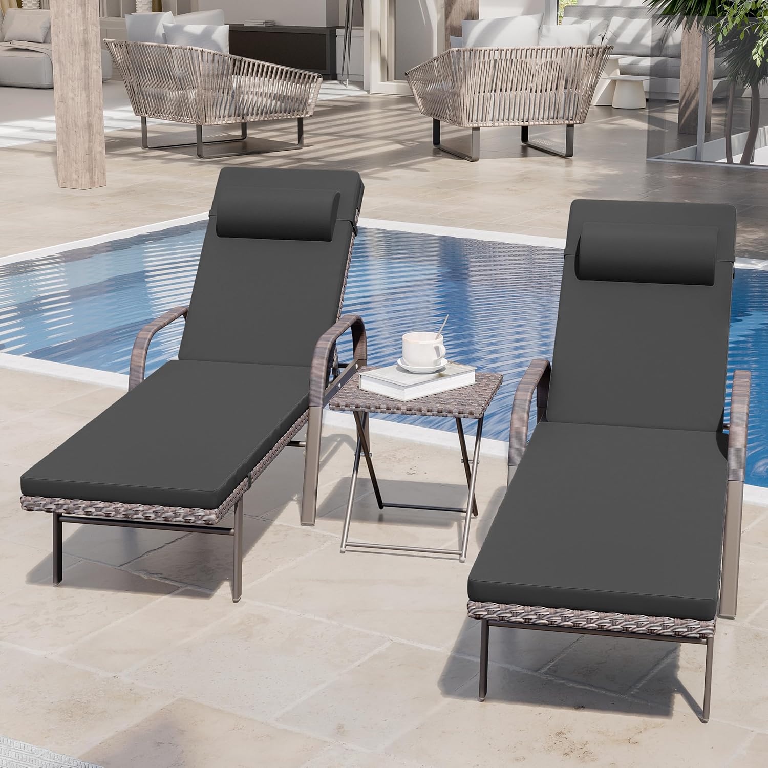 3 Pieces Patio Chaise Lounge Set Outdoor PE Rattan Armrest Lounge Chair Adjustable Backrest Reclining Chair with Folding Table and Cushion for Patio Poolside Backyard Porch Beach(Black)