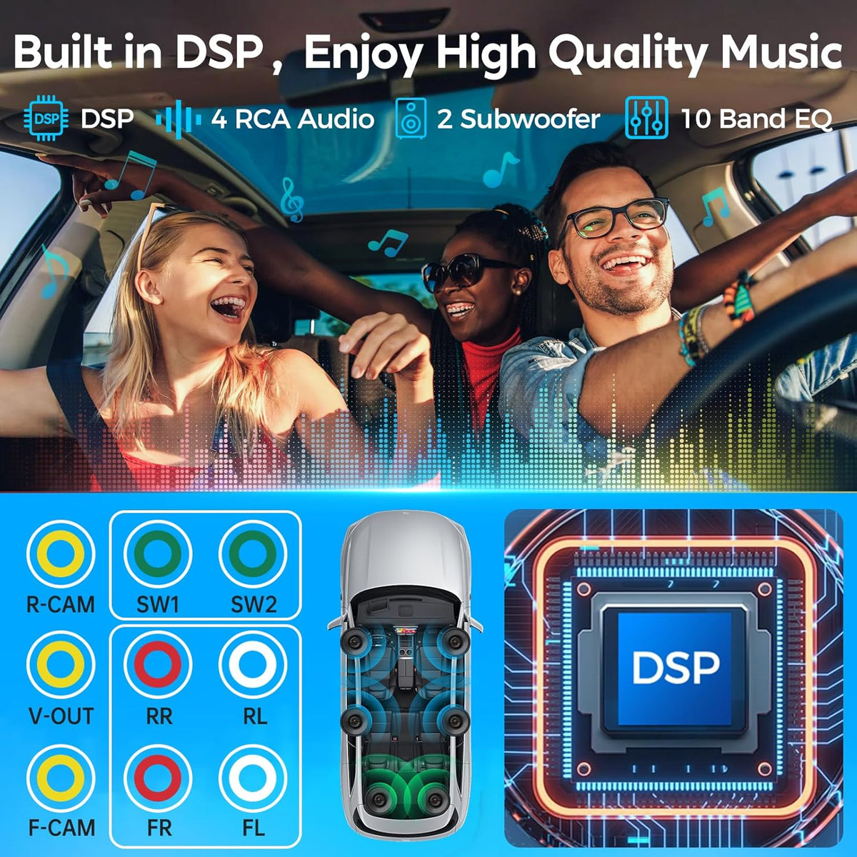 10.1" QLED Double Din Car Stereo with Wireless Carplay & Android Auto, Music Sync Luminous Bar, SWC, Bluetooth, Backup Camera, 240W, Dual Subwoofer Output, Car Radio, Navigation, FM/AM
