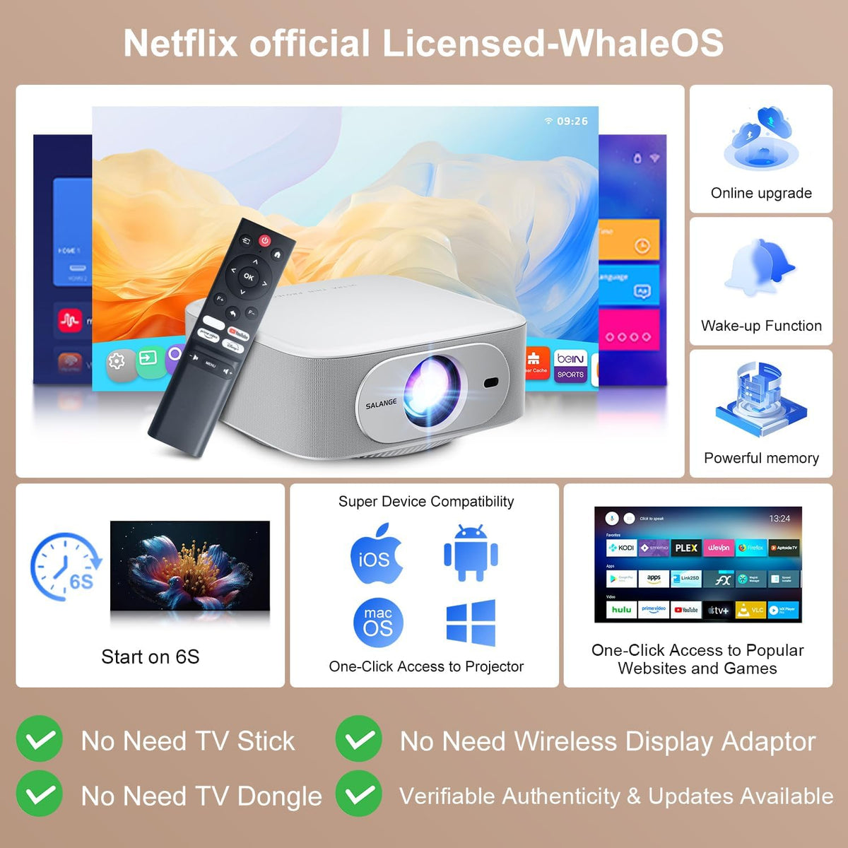 Native 1080P Projector | 600 ANSI Lumens | Built-in Licensed Apps - 2026 Upgrade Portable Mini Projector, Auto Keystone/Electric Focus, WiFi 6 & Bluetooth, 4K Supported Outdoor Home Movie Projector
