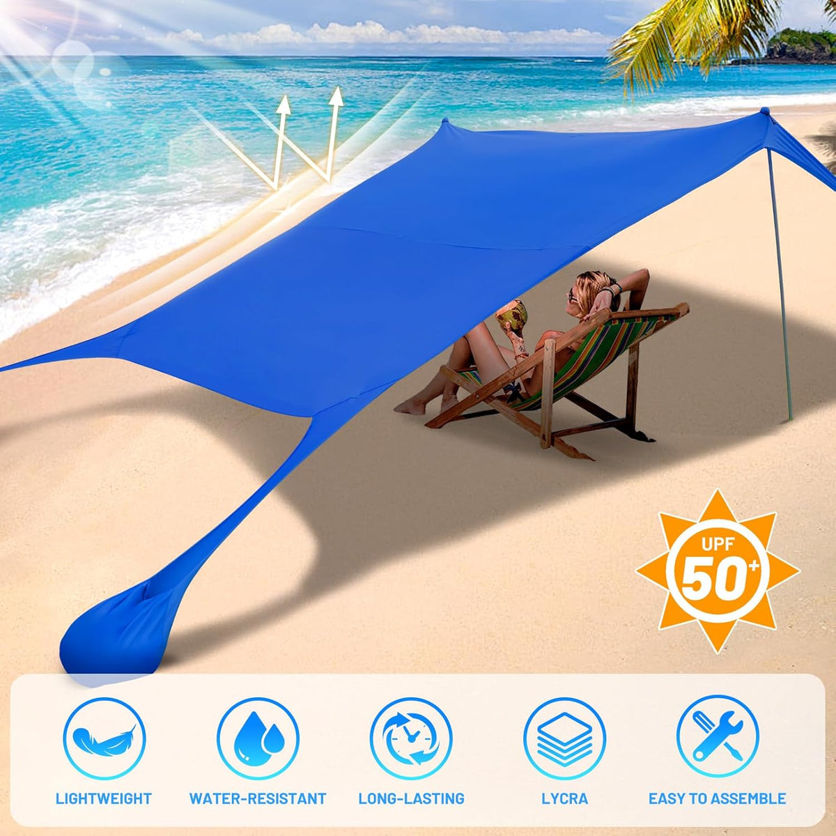 Family Beach Tent Canopy Sun Shade, Pop Up Grande Beach Tent Sun Shelter Stability 4 Poles with Portable Carry Bag Outdoor Shade for Fishing Backyard Camping