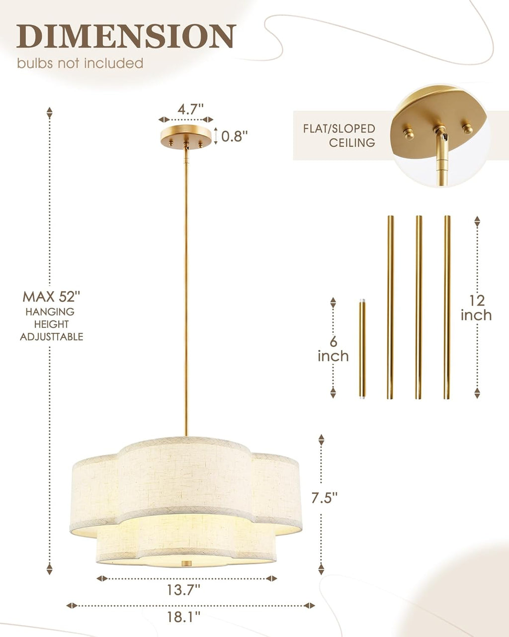 18" Chandelier, 3-Light Gold Pendant Light Fixtures with Dual Layer Linen Shade in Quatrefoil Shape, Double Drum Chandeliers for Dining Room Kitchen Living Room Bedroom, AD-22007-3P-GD-B