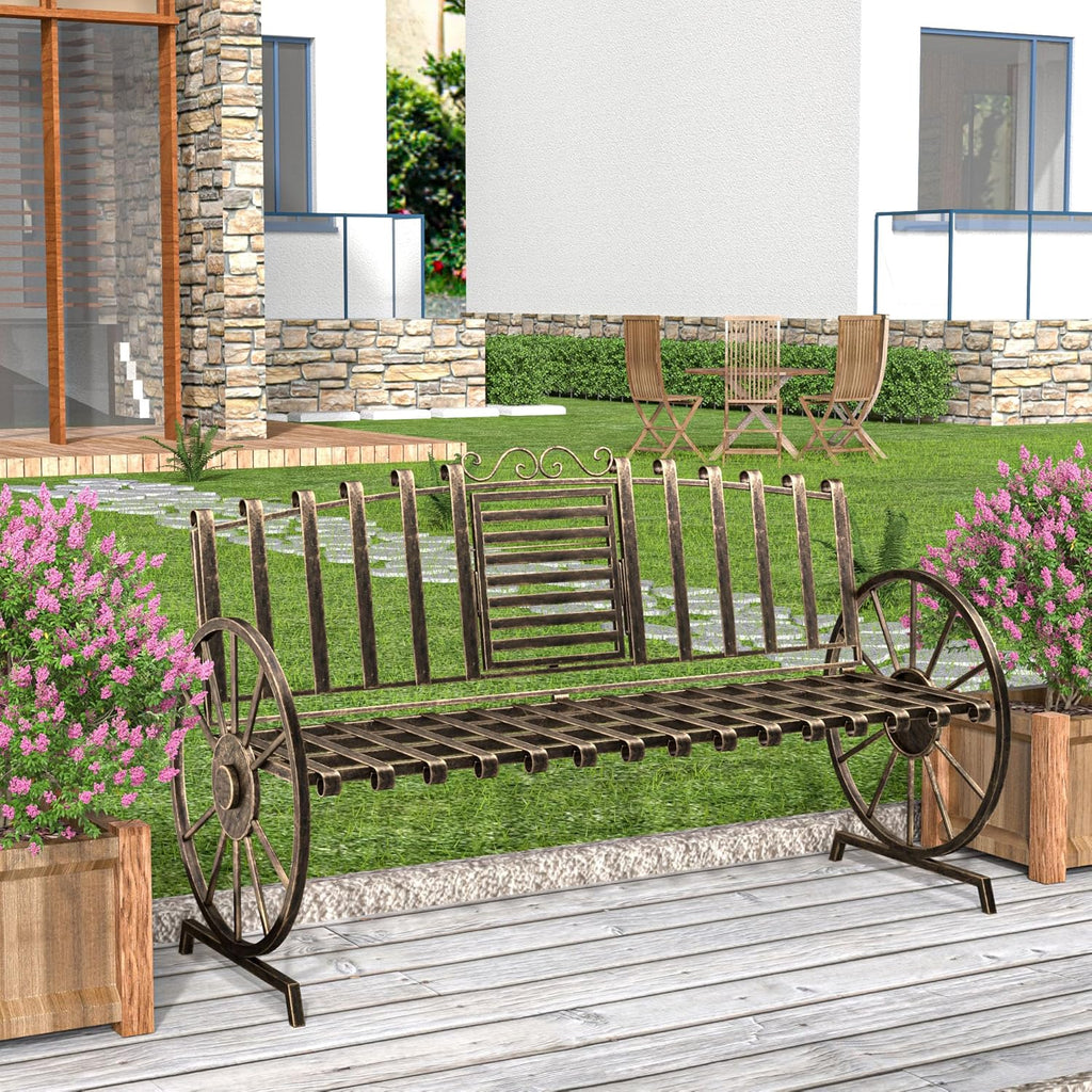 Outdoor Bench Patio Outdoor Garden Bench with Built-in Table, Wagon Wheel Arms, 3 People Outdoor Bench Garden Bench Front Porch Furniture Patio Lawn Yard Park (Bronze)