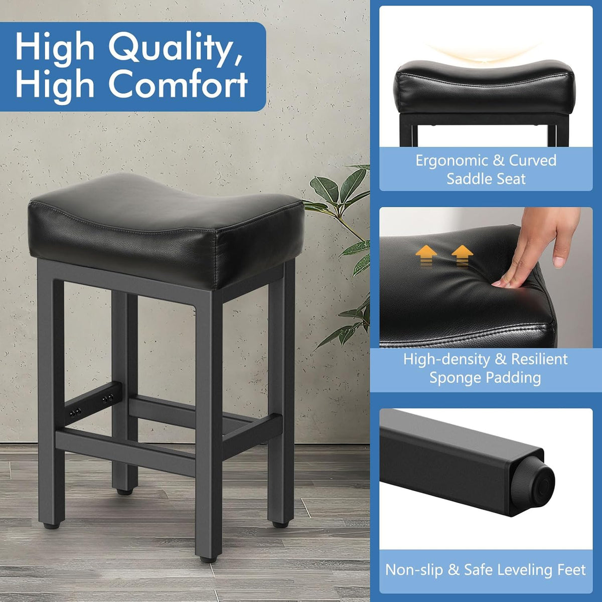 Raynesys Counter Height Bar Stools Set of 2, 24 Inch Barstools for Kitchen Island Counter, Bonded Leather Kitchen Stools with Thick Saddle Seats & Heavy Duty Metal Base, Easy Assembly, All Black