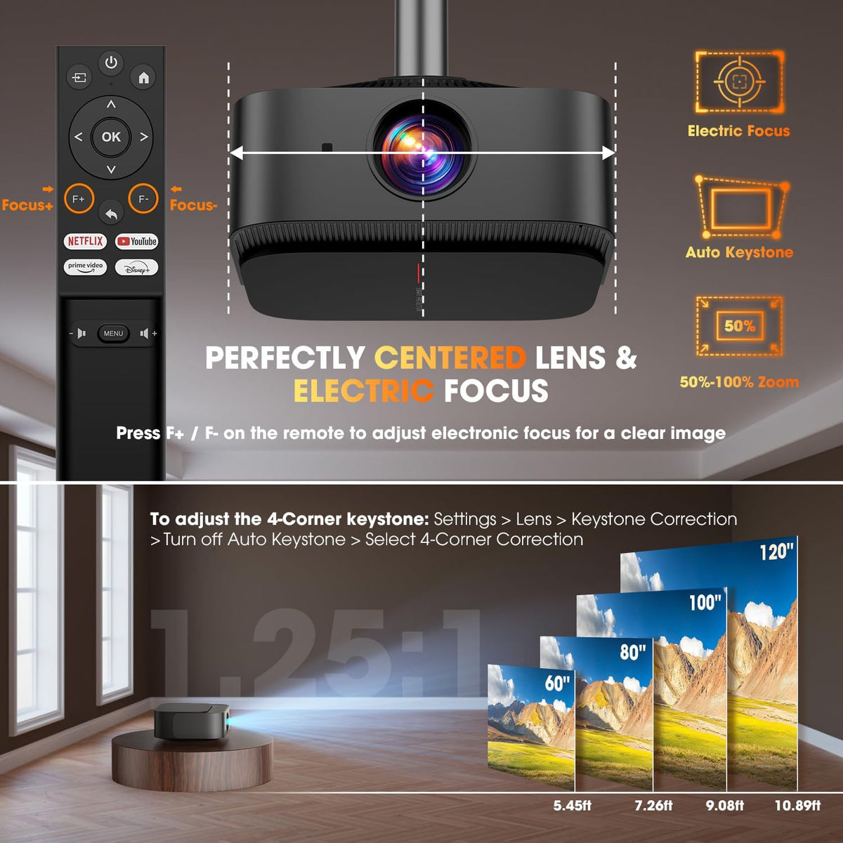 386+ Built-in Apps DBPOWER E2 Smart Projector with WiFi and Bluetooth, Native 1080P Mini Projector Compatible with Netflix, Youtube, D+, Hulu, Max & Crunchyroll, Electric Focus & Carry Case