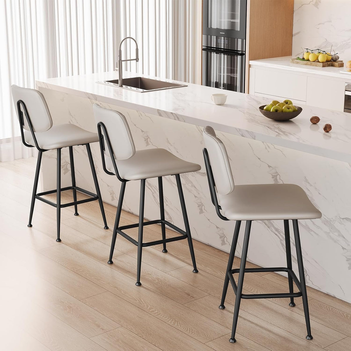 Raynesys 24-Inch Leather Bar Stools Set of 3, Counter Height Barstools with High Backrest .Bar Chairs for Kitchen Island with Heavy Duty Metal Base, Beige
