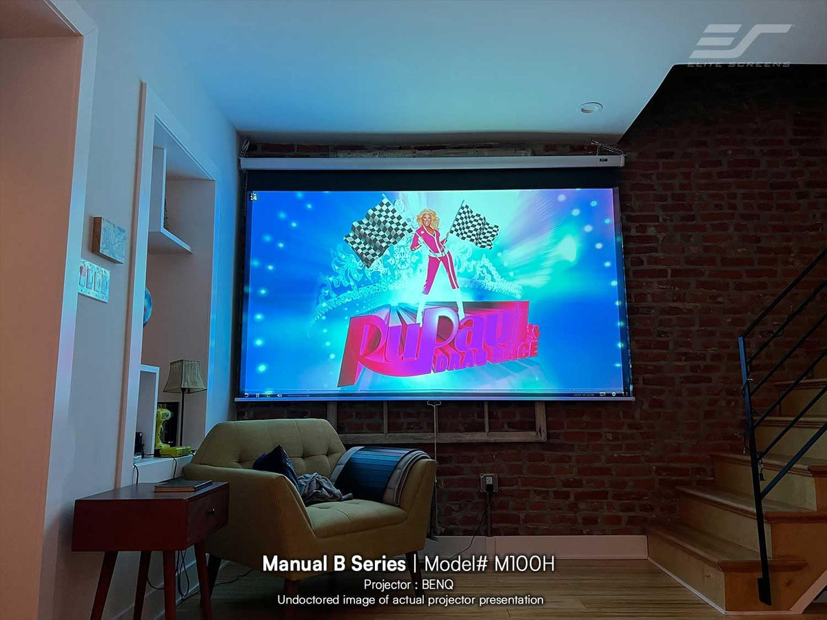 Elite Screens Manual B, 100-INCH Manual Pull Down Projector Screen Diagonal 16:9 Diag 4K 8K 3D Ultra HDR HD Ready Home Theater Movie Office Presentation, M100H