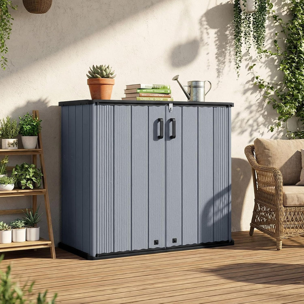 Tangkula 23.5 Cu.ft Outdoor Storage Shed, All-Weather Resin Patio Storage Box with Floor & Lockable Door, Waterproof Deck Box for Garden Tools, Pool Accessories