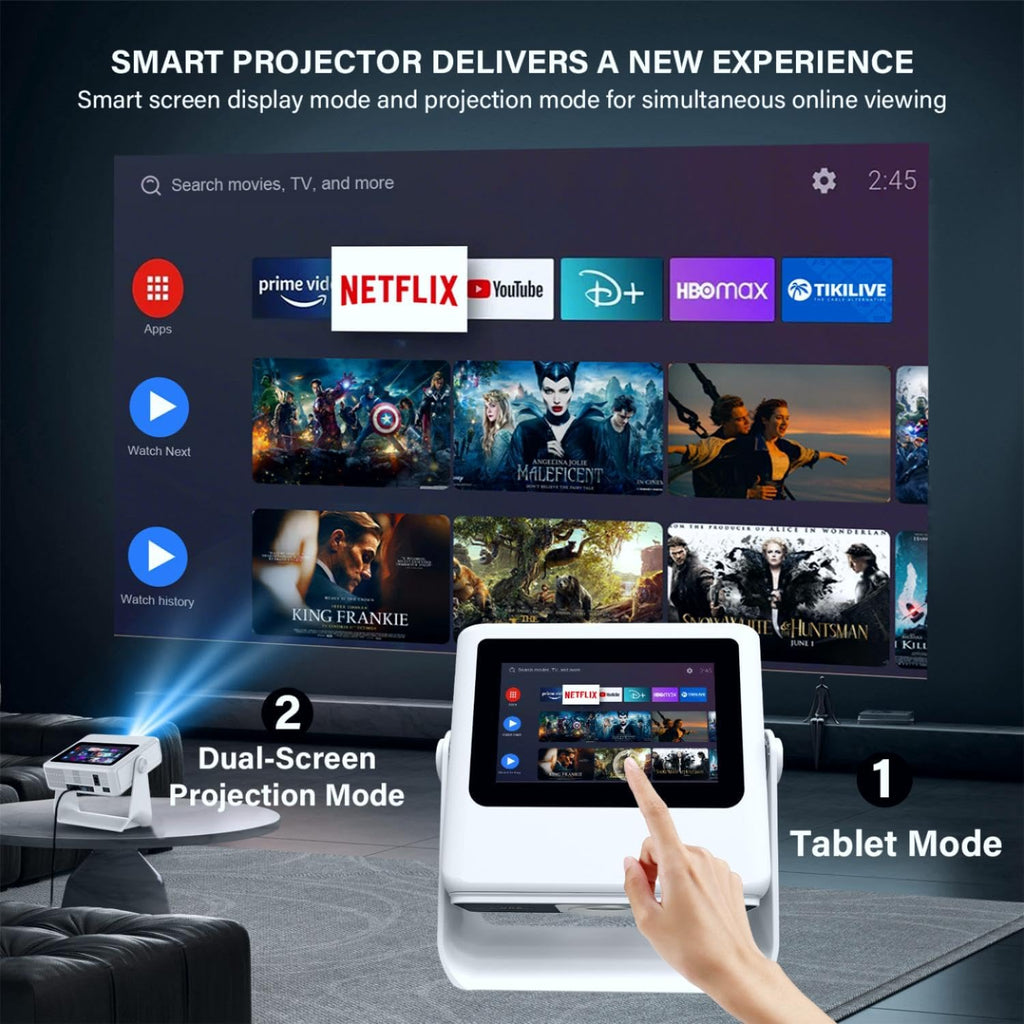4K Support Native 1080P Touch Screen Projector with WiFi Bluetooth, Auto Focus Smart Portable Game Projector, Built-in Apps Mini Outdoor Movie Projector for Bedroom Home Theater
