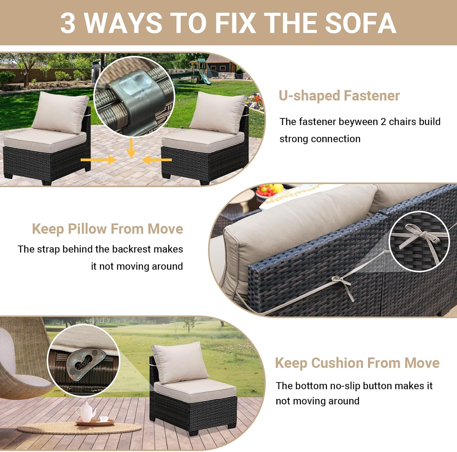 Jing's Villa 8-Piece Patio Furniture Set, All-Weather Outdoor Wicker Sectional Sofa with Cushions, Glass Table & Left and Right Armrest, Rattan Conversation Seating for Porch, Garden, Backyard,Beige
